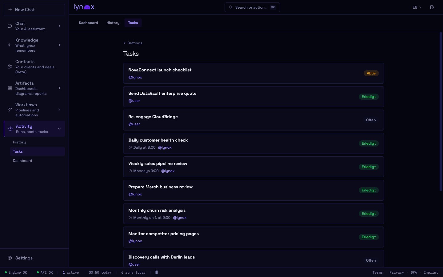 Background tasks — scheduled jobs, cron triggers, and manual tasks